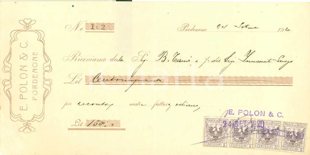 Documento originale, autentico 1920 PORDENONE Cambiale Barbara TAMI per Ditta E. POLON 1