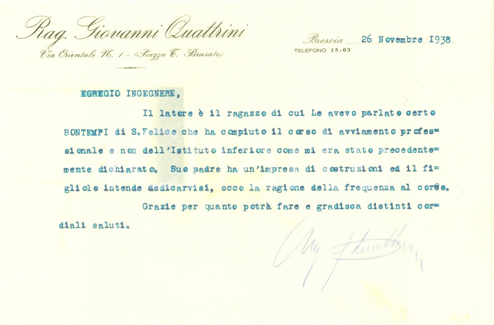 Manoscritto, lettera originale 1938 SAN FELICE DEL BENACO (BS) Giovanni QUATTRINI raccomanda giovane BONTEMPI 1