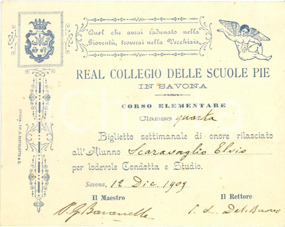 Documento originale, autentico 1909 SAVONA Onore a Elvio SCARAVAGLIO Coll. SCUOLE PIE 1