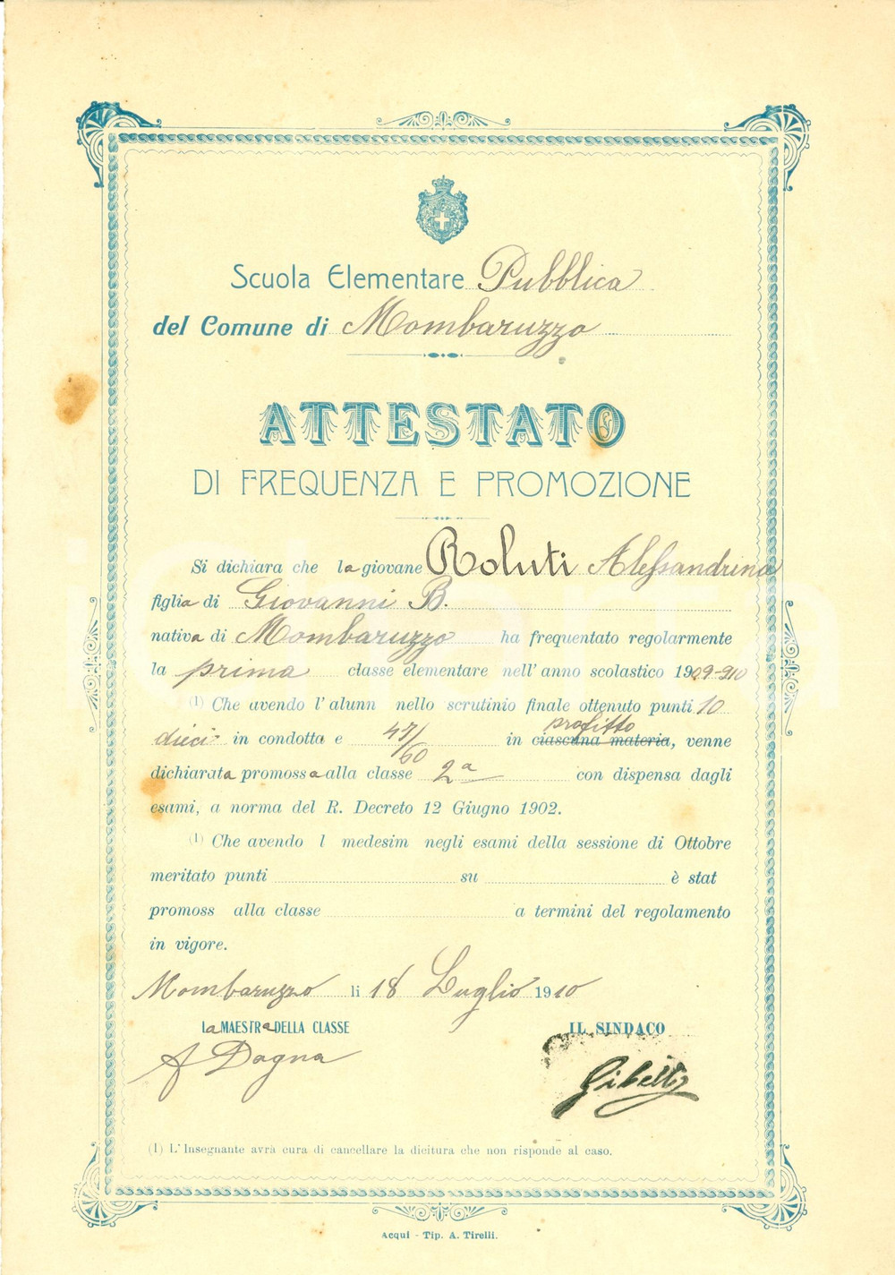 Oggetto da collezione cartaceo 1910 MOMBARUZZO AT Promozione di Alessandrina ROLUTI 1