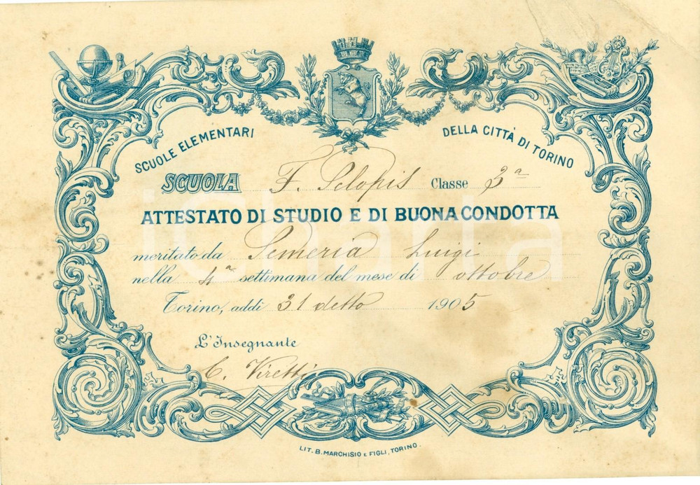Documento originale, autentico 1905 TORINO Scuola elem. SCLOPIS Condotta Luigi SEMERIA 1