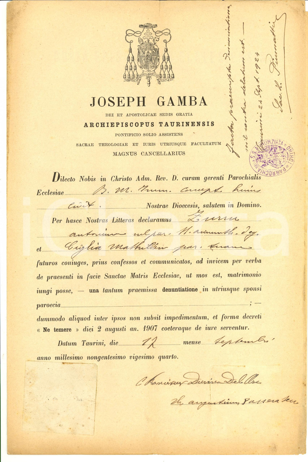 Documento originale, autentico 1924 TORINO Dispensa matrimoniale ZURRU - CIGLIA Mons. Giuseppe GAMBA 1