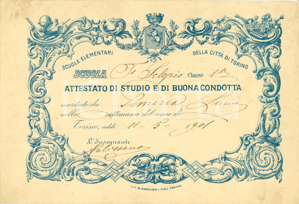 Documento originale, autentico 1901 TORINO Scuola elem. SCLOPIS Condotta Lucia SEMERIA 1