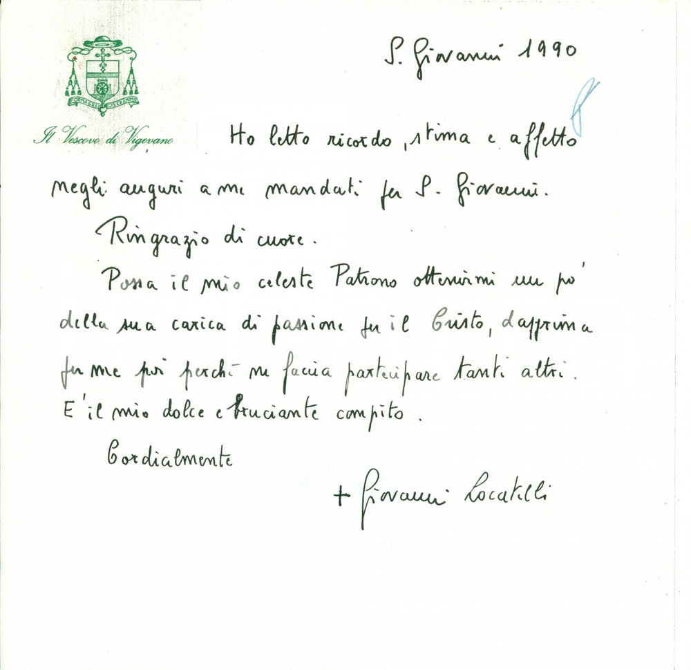 Autografo originale 1990 VIGEVANO PV Onomastico vescovo Giovanni LOCATELLI Autografo 1