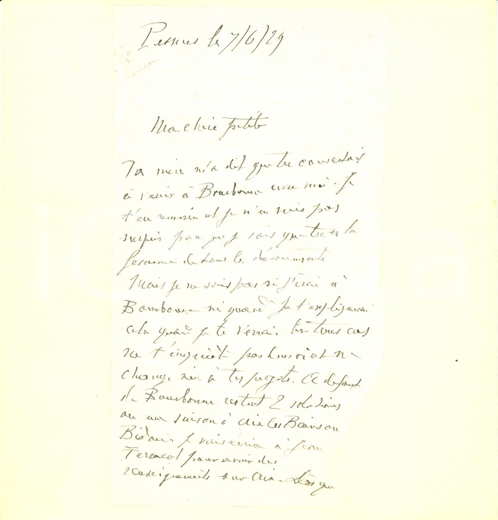 Manoscritto, lettera originale 1929 PESSINES F Vacanze a BOURBONNESLESBAINS Analisi grafologica 1