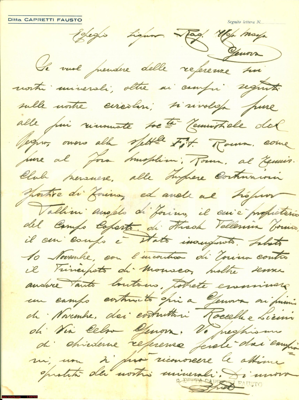Manoscritto, lettera originale 1935 ca S.EUFEMIA DELLA FONTE Referenze Fausto CAPRETTI 1