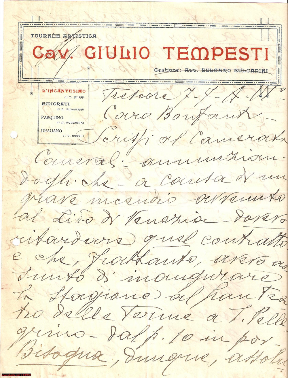 Autografo originale 1928 GIULIO TEMPESTI incendio al Lido di Venezia AUTOGR 1