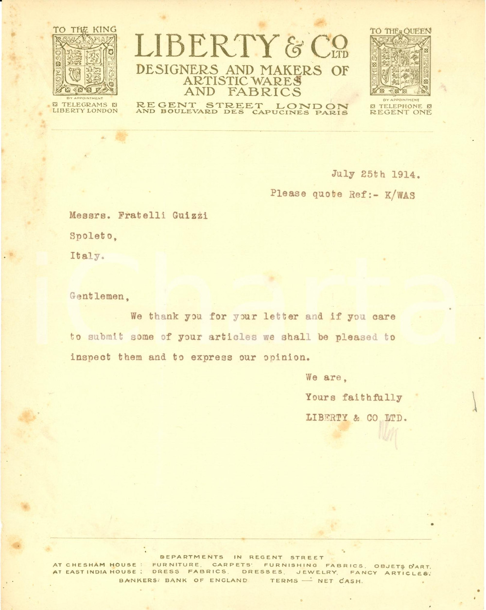 Manoscritto, lettera originale 1914 LONDON UK Artistic wares LIBERT & CO. Intestazione decorata Lettera 1