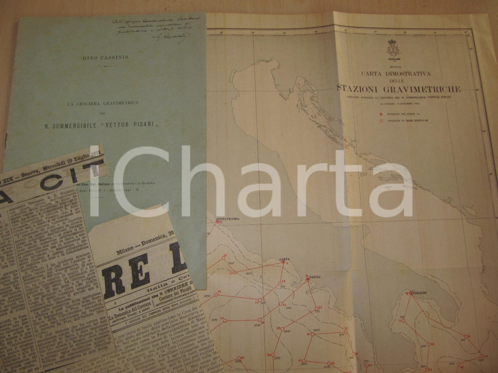 Autografo originale 1932 Gino CASSINIS Sommergibile VETTOR PISANI Autografo Crociera gravimetrica 1