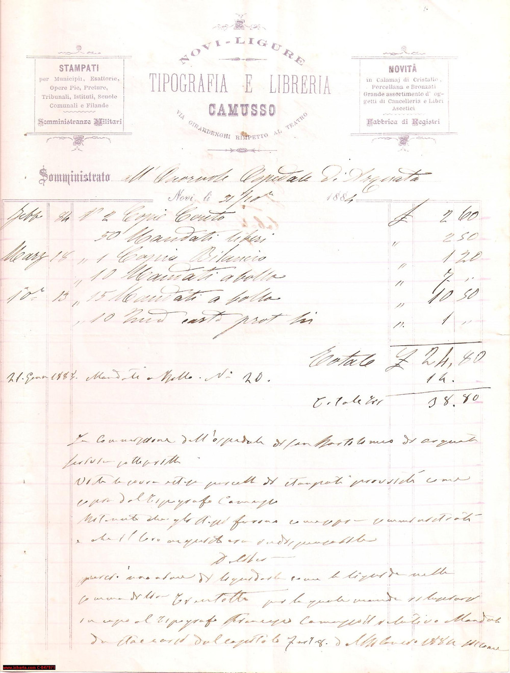 Documento originale, autentico 1884 NOVI LIGURE (AL) Conto tipografia Coniugi CAMUSSO 1