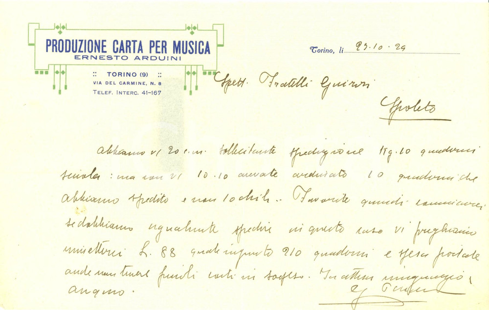 Documento originale, autentico 1929 TORINO Produzione Carta per musica Ernesto ARDUINI Lettera 1