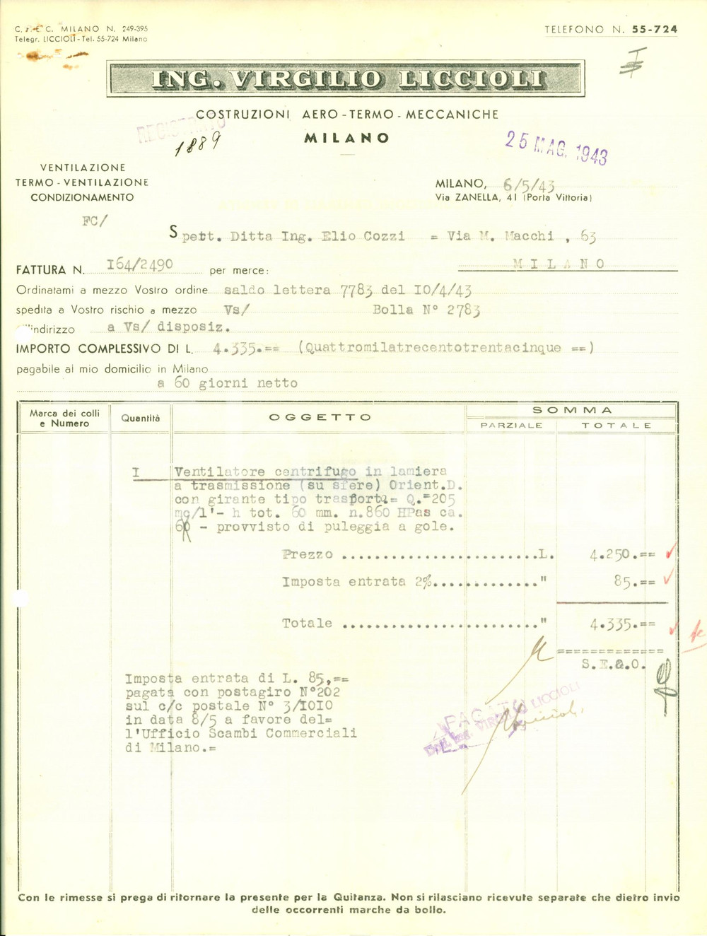 Documento originale, autentico 1943 MILANO Costruzioni aero-termo-meccaniche Ing. Virgilio LICCIOLI *Fattura 1