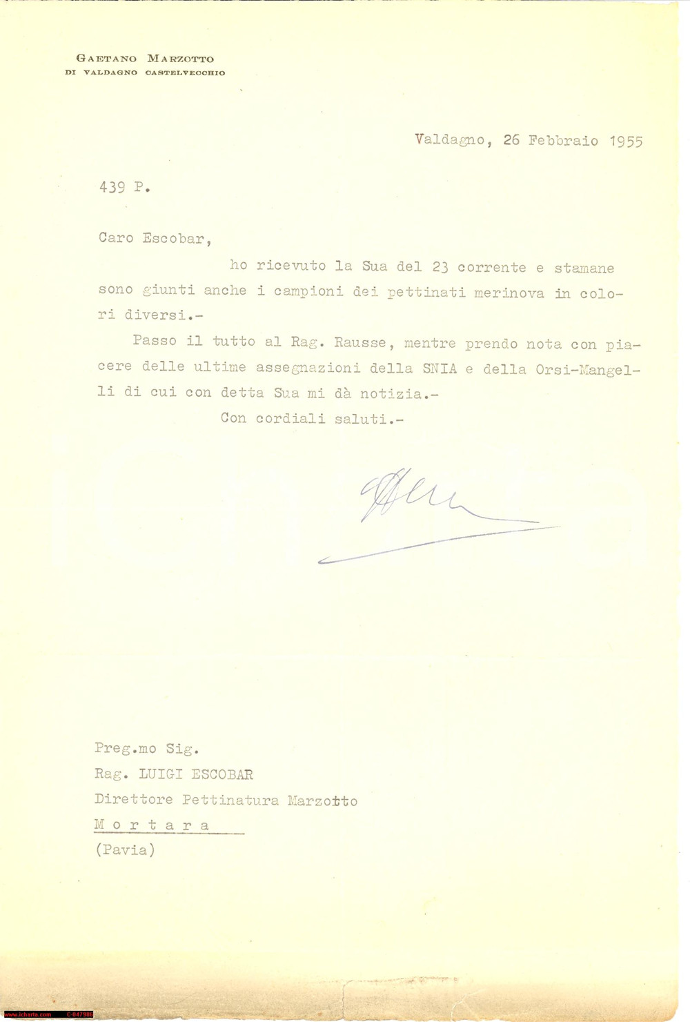 Autografo originale 1955 GAETANO MARZOTTO autografo SNIA E ORSI MANGELLI 1