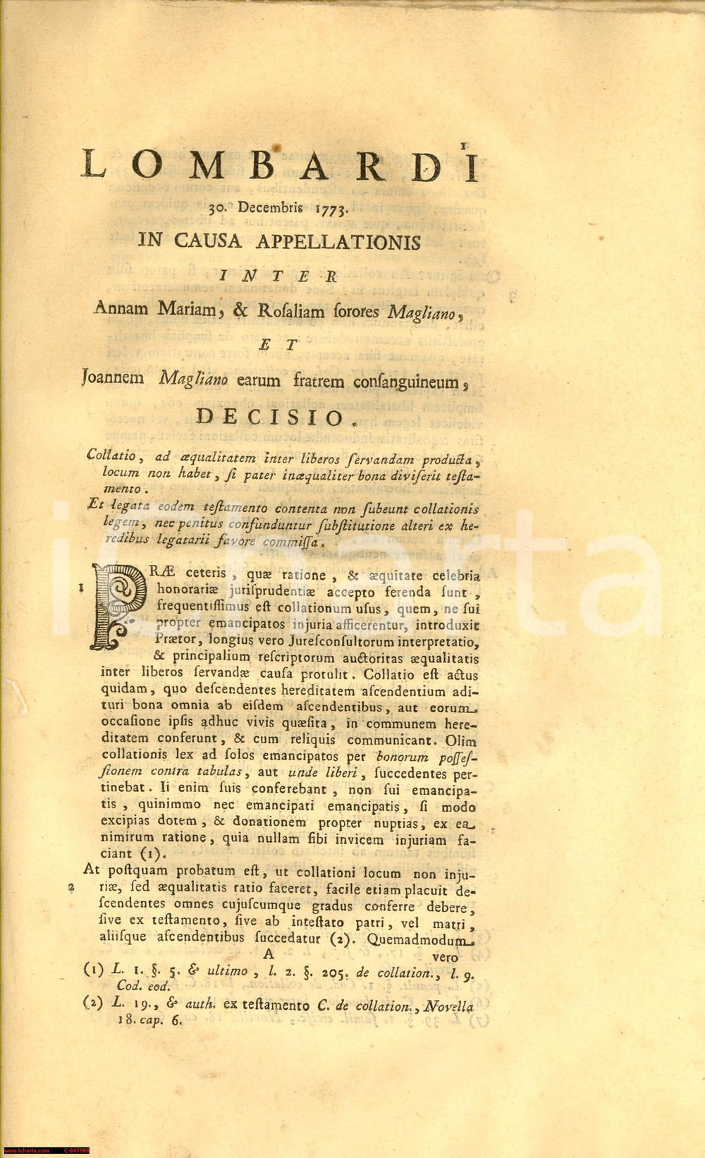 Documento originale, autentico 1773 PIACENZA Anna Maria e Rosalia MAGLIANO vs fratello 1