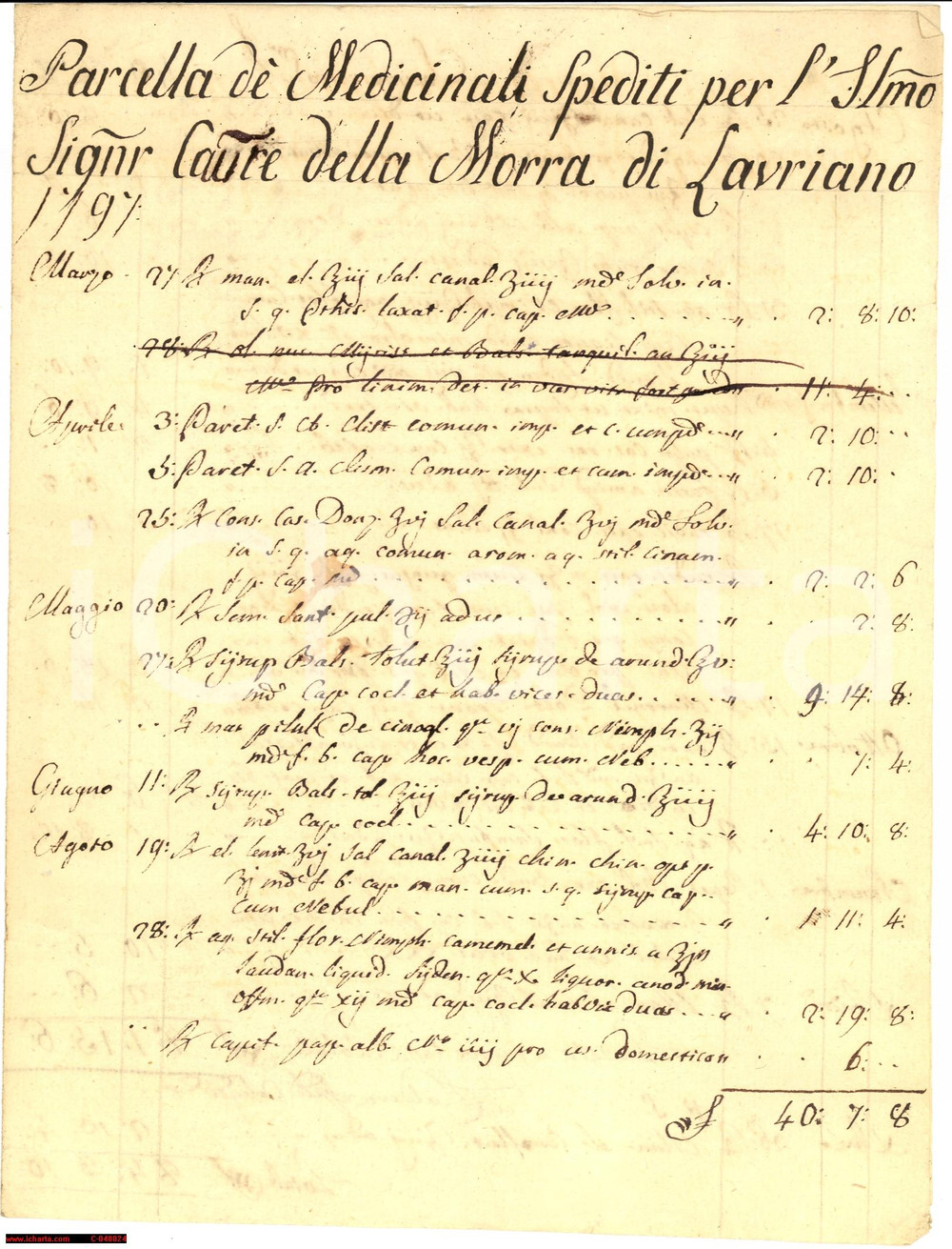 Manoscritto, lettera originale 1797 LAURIANO (TO) Importante conto del farmacista 1