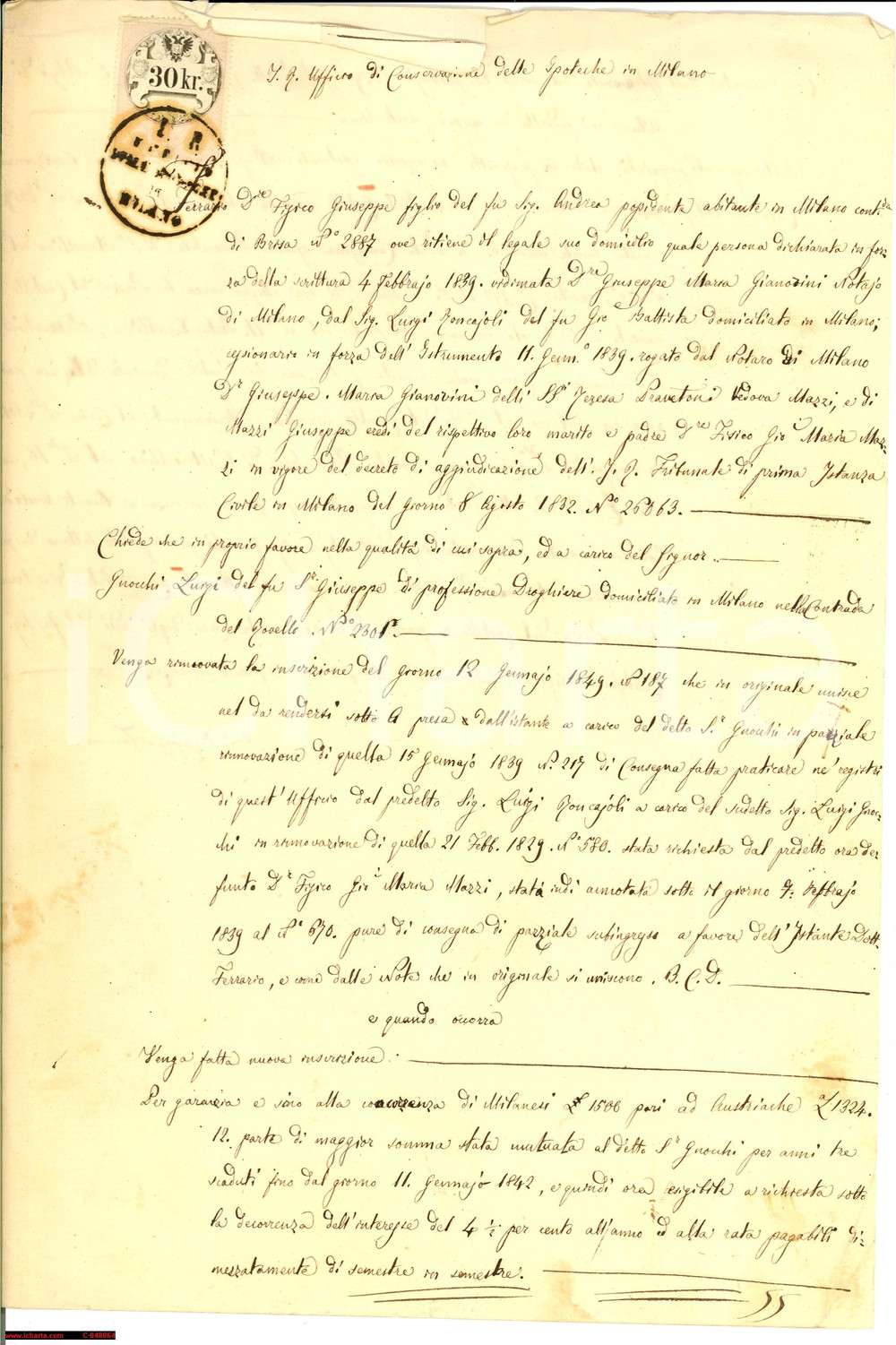 Documento originale, autentico 1850 MILANO Droghiere Luigi GNOCCHI ipoteca bottega in contrada ROVELLO 1
