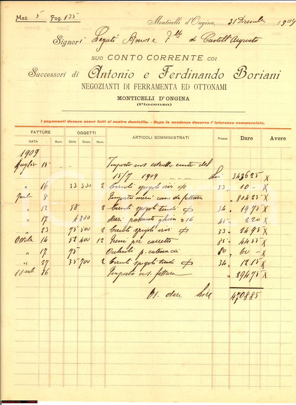 Manoscritto, lettera originale 1909 MONTICELLI D ONGINA Conto della ferramenta Boriani 1