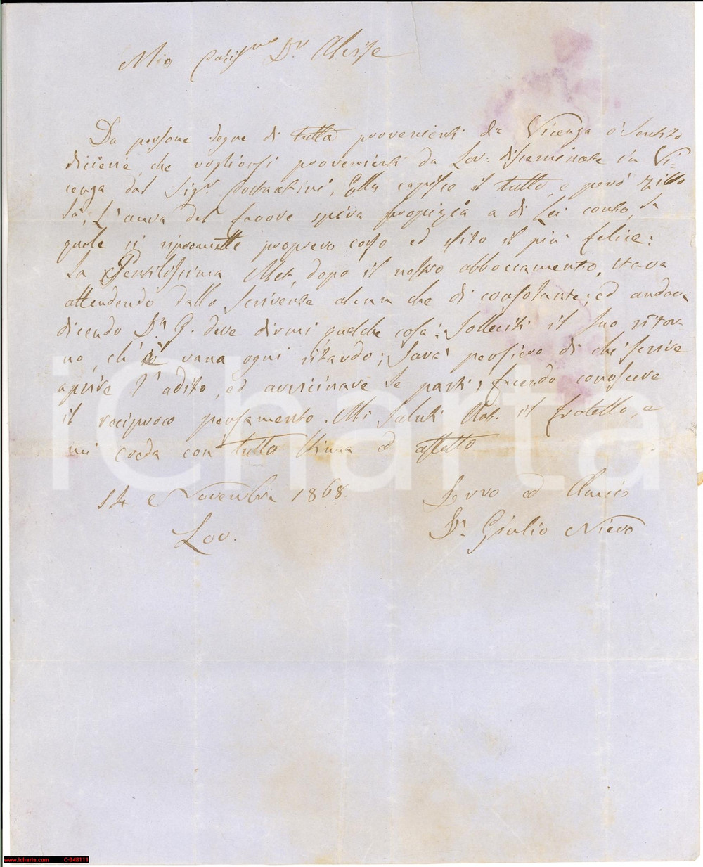 Manoscritto, lettera originale 1868 PADOVA Giulio Nievo chiede conoscere una Signora 1