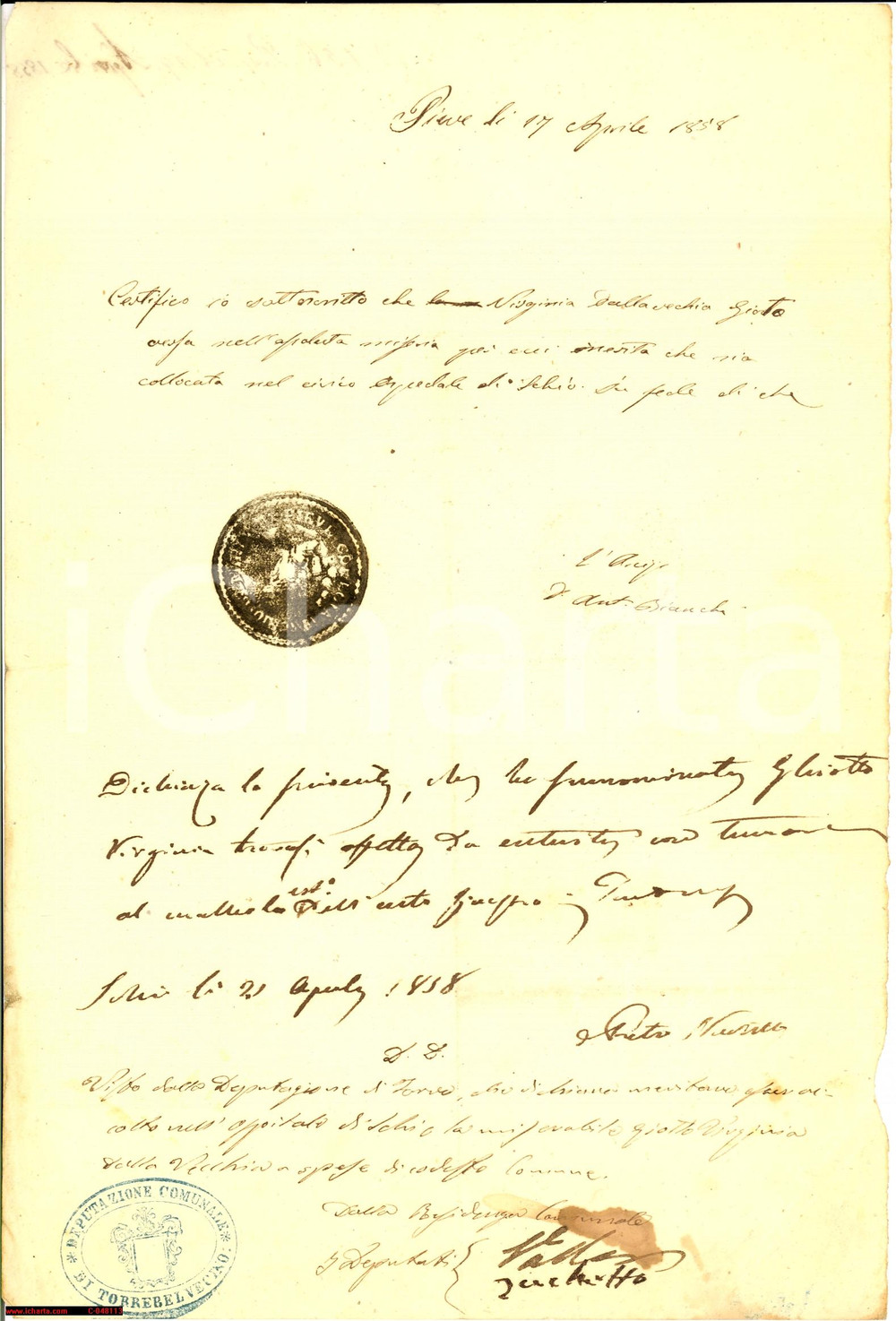 Documento originale, autentico 1858 TORREBELVICINO ricovero malata a spese del Comune 1
