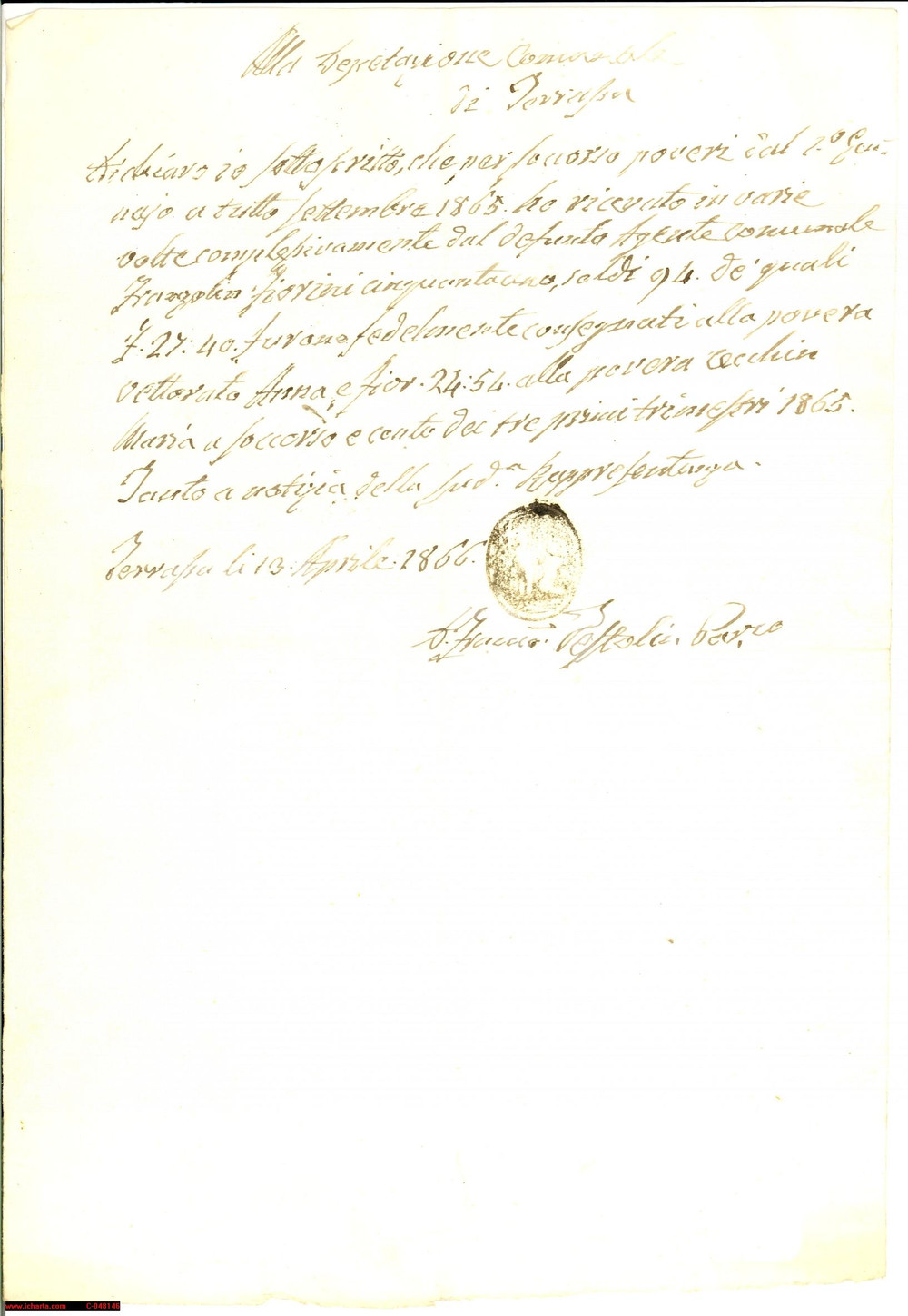 Documento originale, autentico 1866 TERRASSA PADOVANA (PD) caritÃ  a due povere donne 1