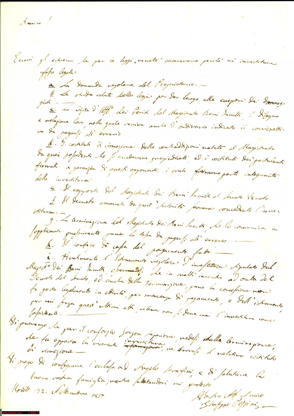 Manoscritto, lettera originale 1837 MONTAGNANA (PD) documenti per investitura terre 1
