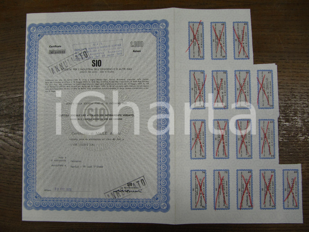 Oggetto da collezione cartaceo 1973 MILANO azioni SIO titolare AIR LIQUIDE Parigi 1