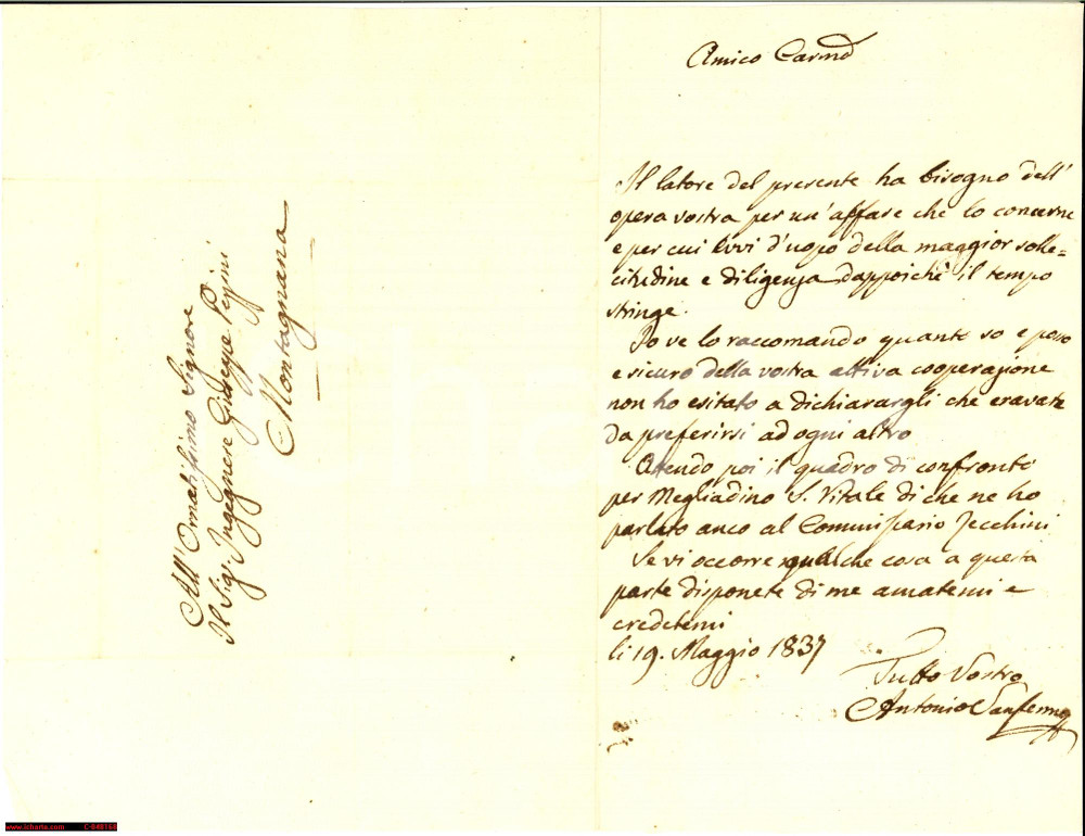 Manoscritto, lettera originale 1837 MONTAGNANA PD perizia urgente ing.Giuseppe PEZZINI 1