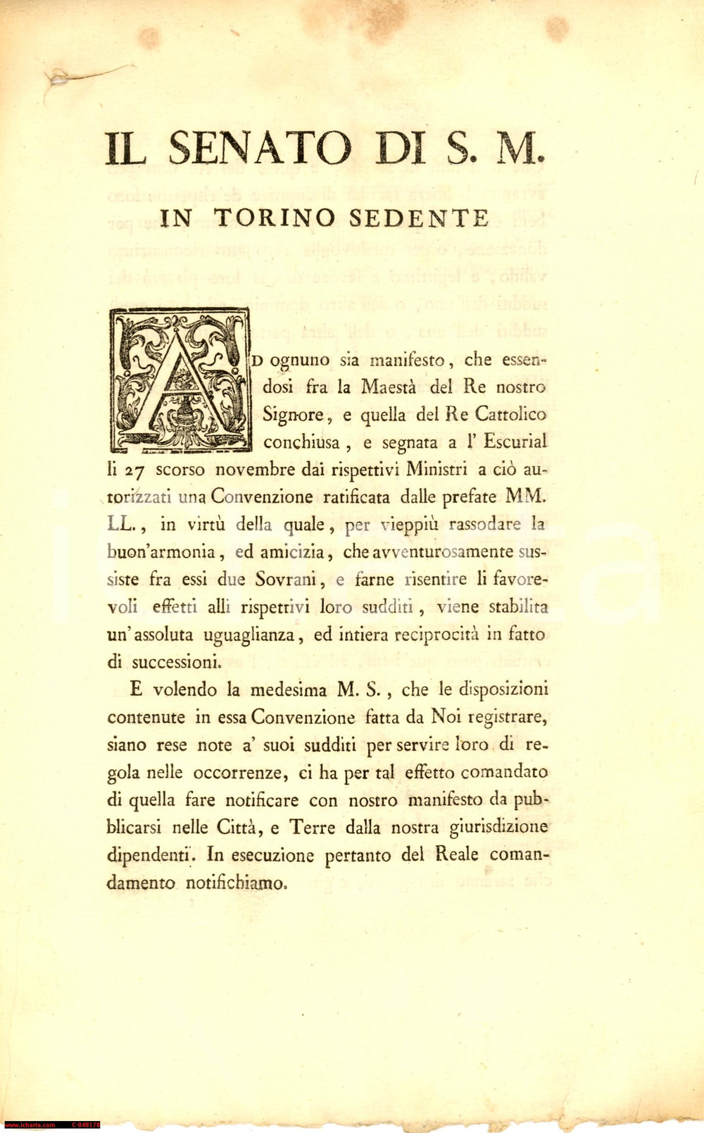Documento originale, autentico 1790 ca TORINO parità di  diritti sudditi Regno di Spagna 1