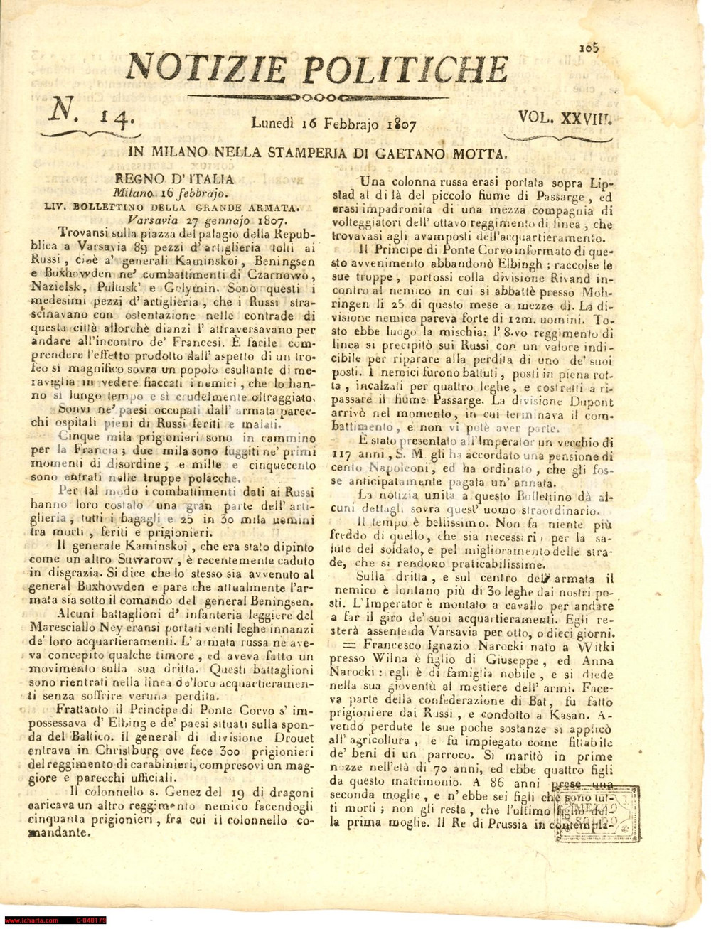 Giornale, rivista storica 1807 MILANO Notizie politiche Europa napoleonica MOTTA 1