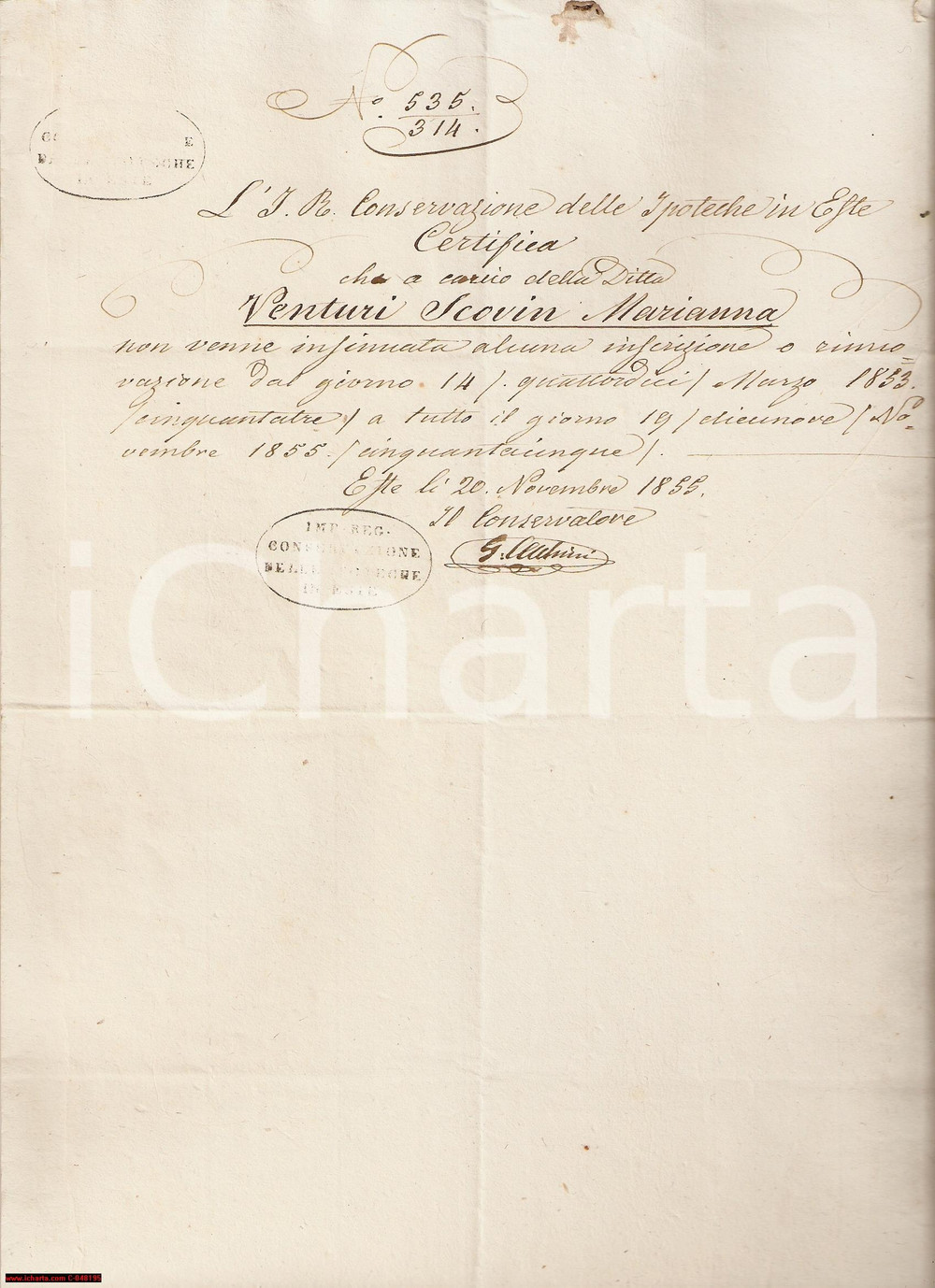 Documento originale, autentico 1855 ESTE (PD) Ditta Marianna SCOVIN VENTURA documento 1