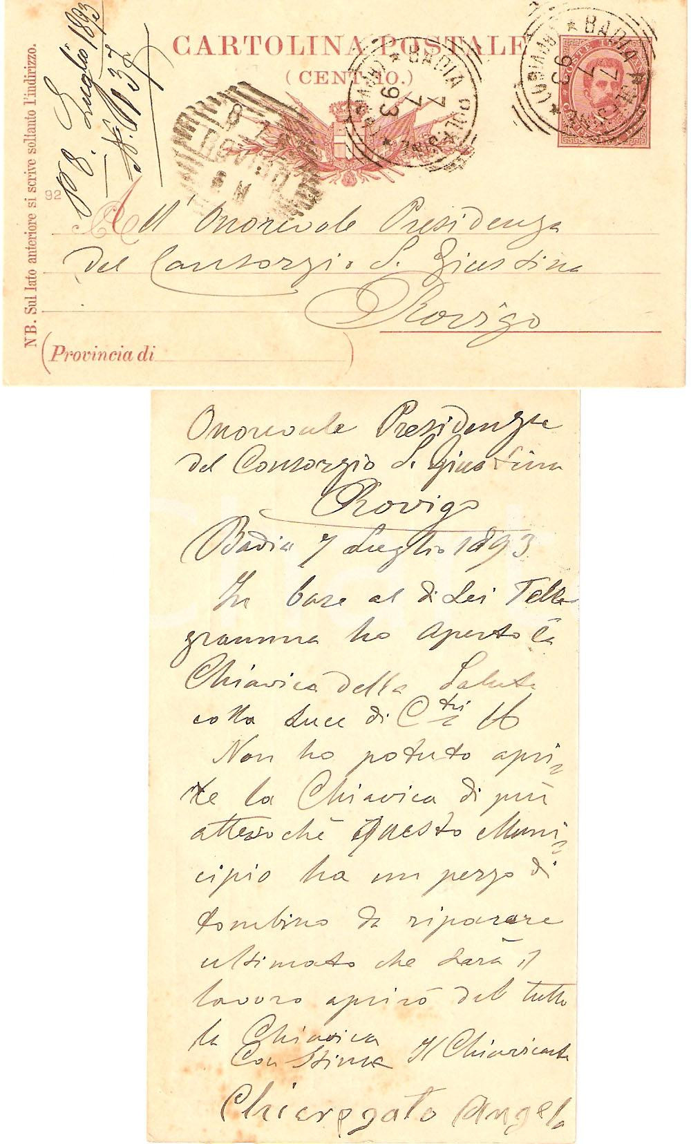 Documento originale, autentico 1893 BADIA POLESINE (RO) Angelo CHIEREGATO apre fogna 1
