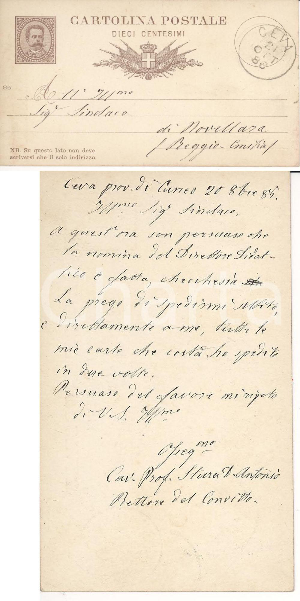 Documento originale, autentico 1886 CEVA (CN) Nuovo direttore didattico Convitto FP VG 1