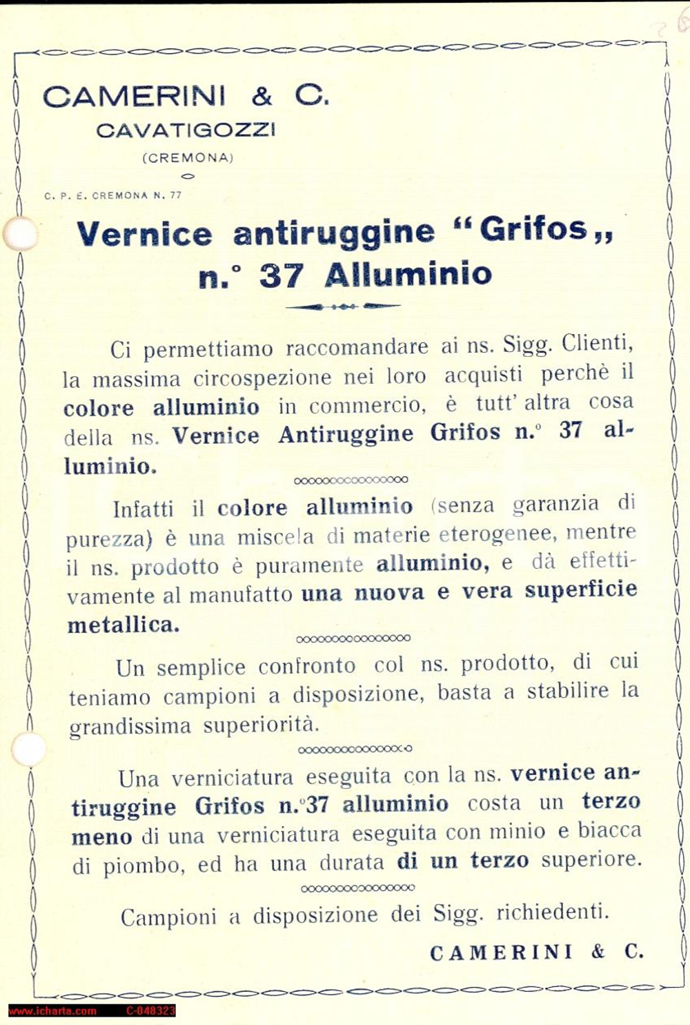 Materiale pubblicitario d’epoca 1930 ca CAVATIGOZZI CR Vernice GRIFOS ditta CAMERINI 1