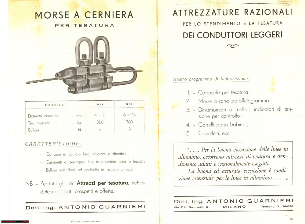 Materiale pubblicitario d’epoca 1940 MILANO Ing. Antonio GUARNIERI Strumenti tesatura 1