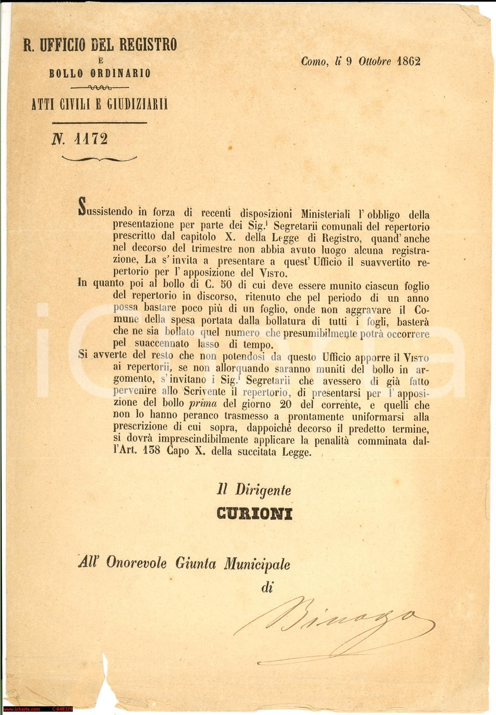 Documento originale, autentico 1862 BINAGO (CO) Bollo sui repertori del Comune 1