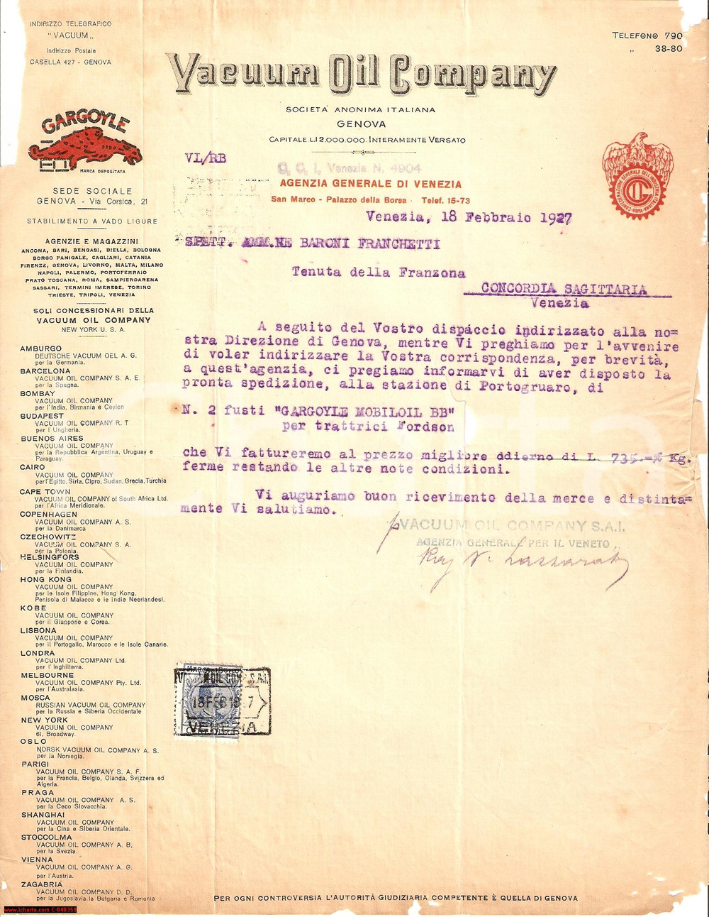 Documento originale, autentico 1927 VENEZIA VACUUM OIL COMPANY olio trattrici GARGOYLE 1