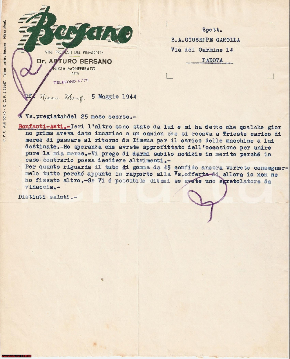 Documento originale, autentico 1944 NIZZA MONFERRATO AT BERSANO Vini pregiati Piemonte 1