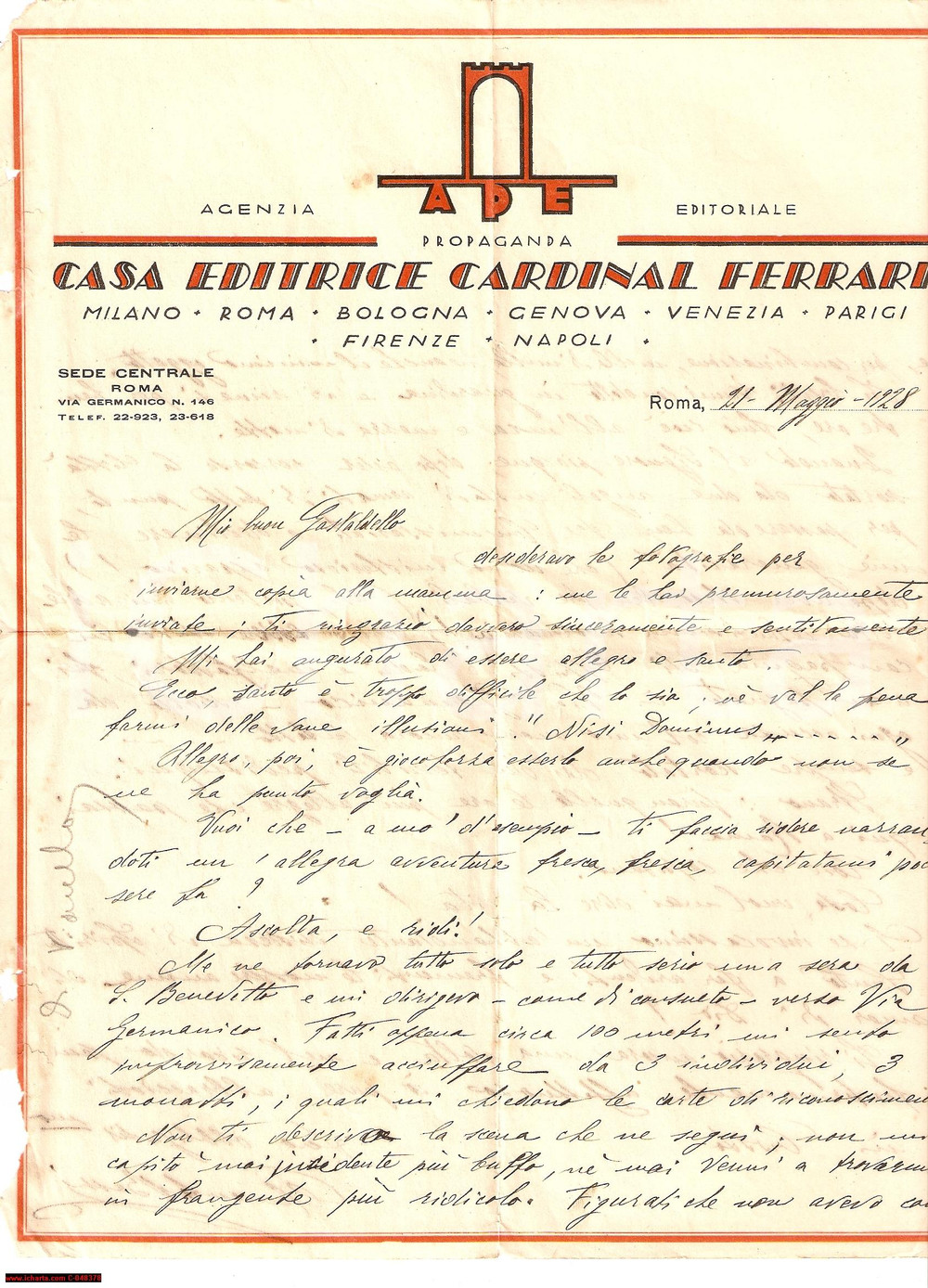 Manoscritto, lettera originale 1928 ROMA Clemente BASSI sprovvisto di documenti tra ladri e malfattori Lettera 1