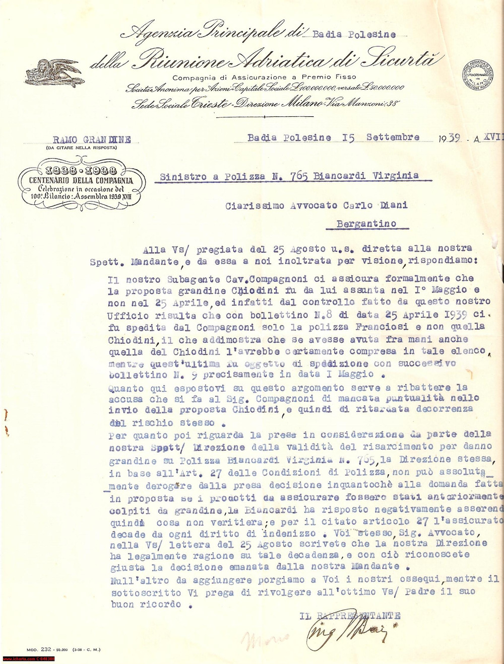 Documento originale, autentico 1939 BADIA POLESINE RO Riunione Adriatica di SicurtÃ 1