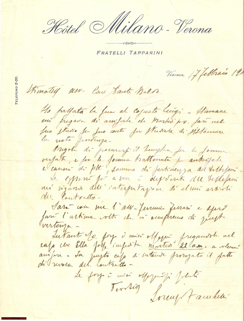 Manoscritto, lettera originale 1911 VERONA Lorenzo ZAMBELLI stanco di una vertenza *Lettera al cav. Dante BALDI 1