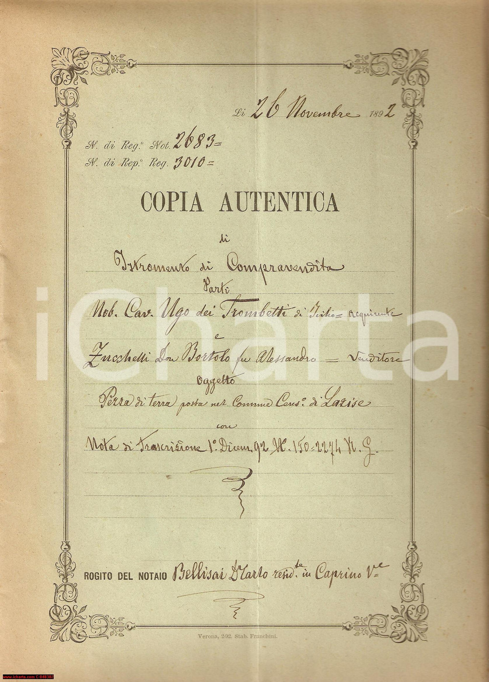 Documento originale, autentico 1892 LAZISE VR Bortolo ZUCCHELLI vende a Ugo TROMBETTI 1
