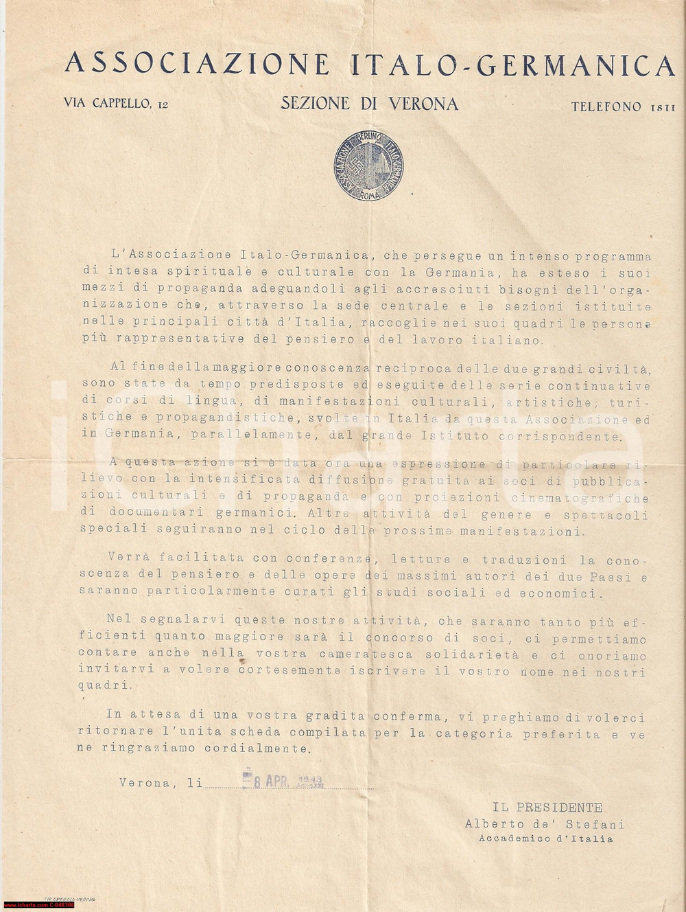 Documento originale, autentico 1943 VERONA Presentazione Associazione ITALOGERMANICA 1