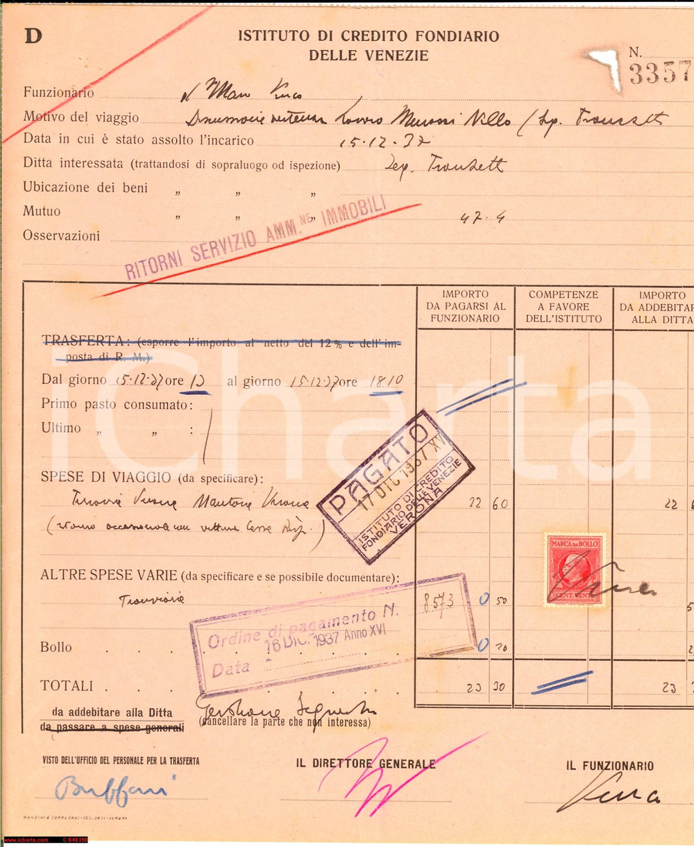 Documento originale, autentico 1937 VERONA Rimborso agente CREDITO FONDIARIO VENEZIE 1