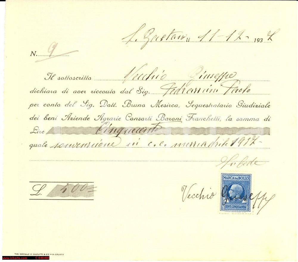 Documento originale, autentico 1937 SAN GAETANO (VE) Conto mezzadro Giuseppe VECCHIO 1