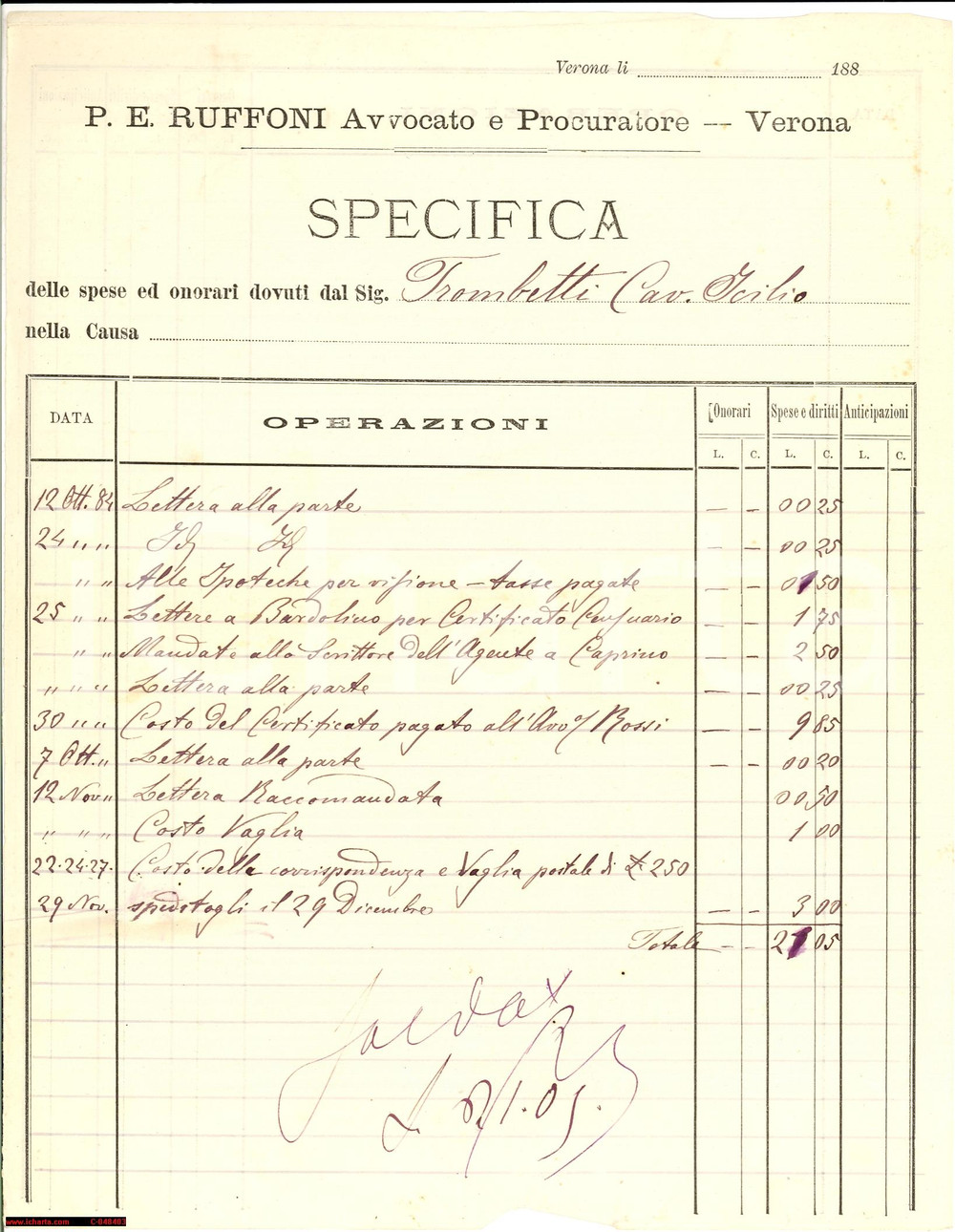 Documento originale, autentico 1880 VERONA Spese legali cav. avv. Paolo Emilio RUFFONI 1