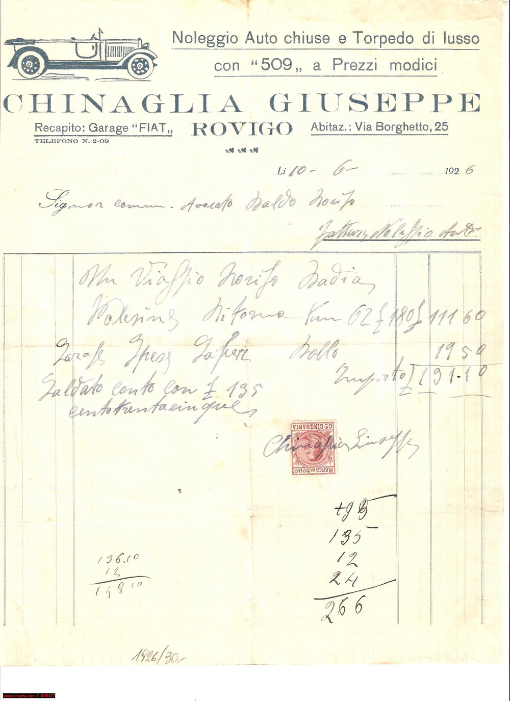 Documento originale, autentico 1926 ROVIGO Giuseppe CHINAGLIA Noleggio torpedo lusso 1