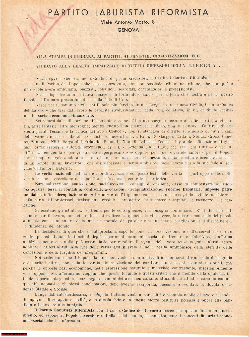 Documento originale, autentico 1945 GENOVA Manifesto del Partito LABURISTA RIFORMISTA 1
