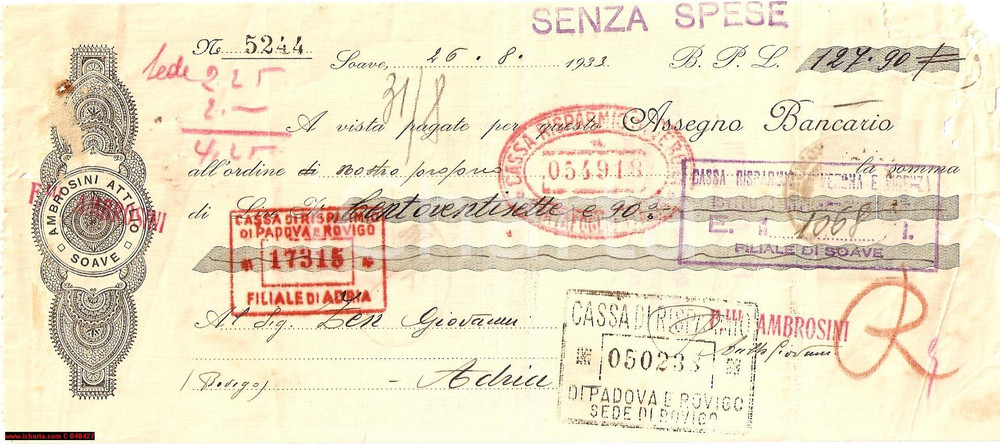 Oggetto da collezione cartaceo 1933 SOAVE VR Ditta Attilio AMBROSINI Assegno pubblicitario Documento 1