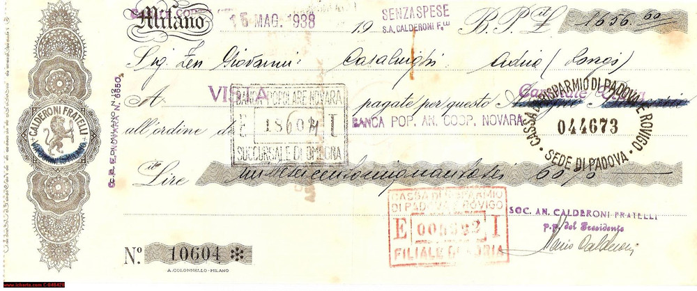 Documento originale, autentico 1938 CASALE CORTE CERRO Fratelli CALDERONI Cambiale 1