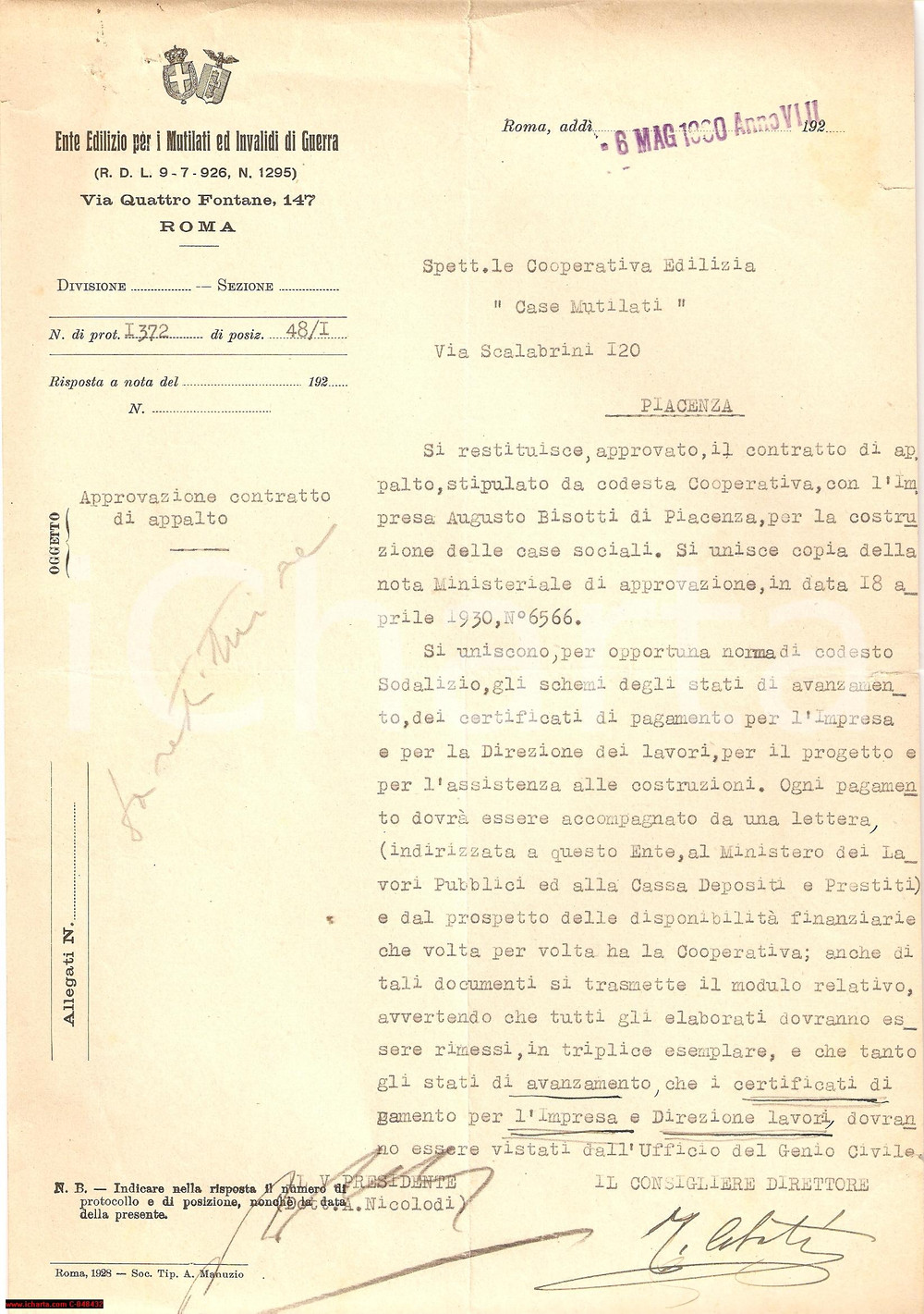 Documento originale, autentico 1930 PIACENZA Nuove case Mutilati e Invalidi di Guerra 1